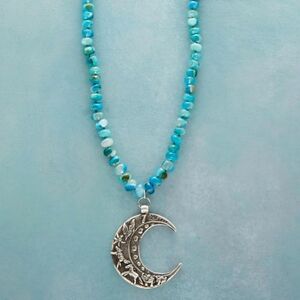 Silver Crescent Moon Pendant Necklace with Blue Beads